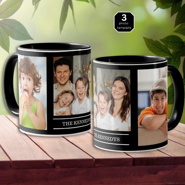 Mug Create Your Own Family Name 3 Photo Collage Black (Créateur téléchargé)