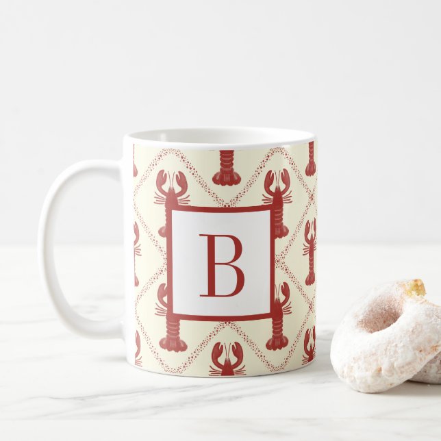Mug Crème Rouge de Homard Côtiers Diamant Monogramme I (Avec donut)