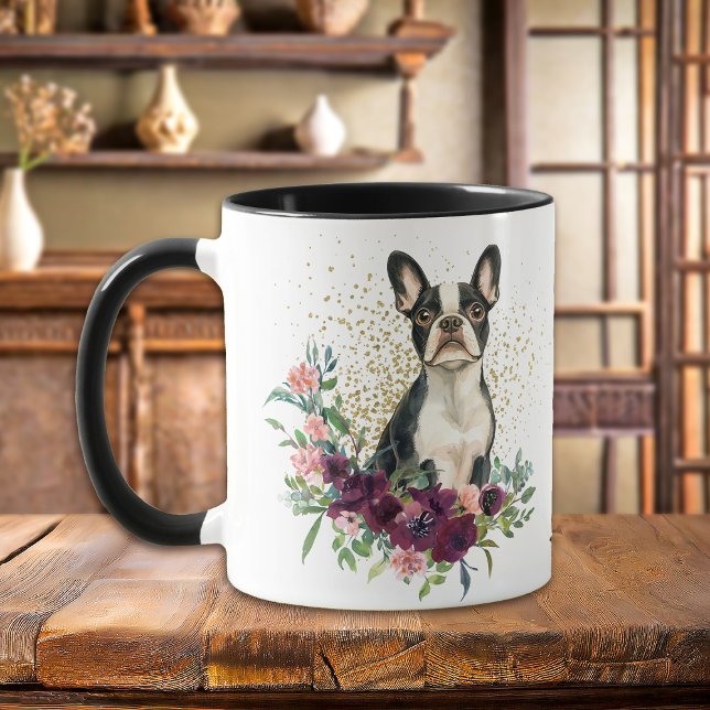 Mug Crimson Floral Bouquet Boston Terrier Chien (Créateur téléchargé)