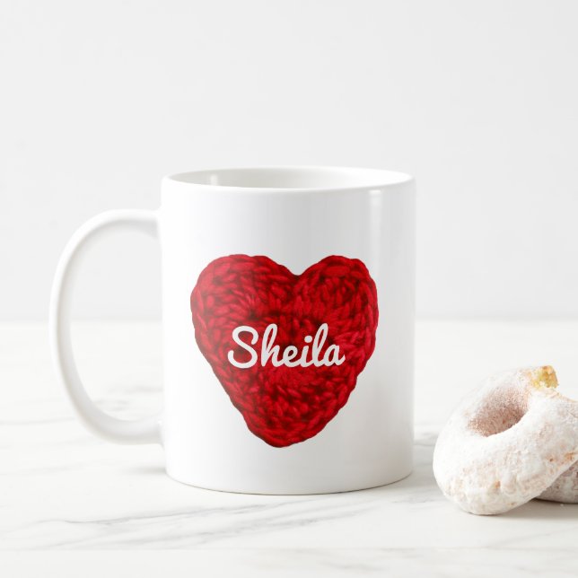 Mug Crochet Fil Coeur + Nom Rouge (Avec donut)