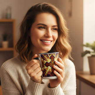 Mug Croix de style vitrail Jésus est roi café