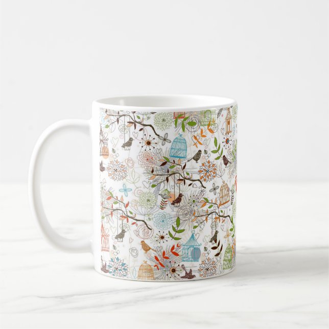 Mug Croquis à main mignonne d'oiseaux et de cages d'oi (Gauche)