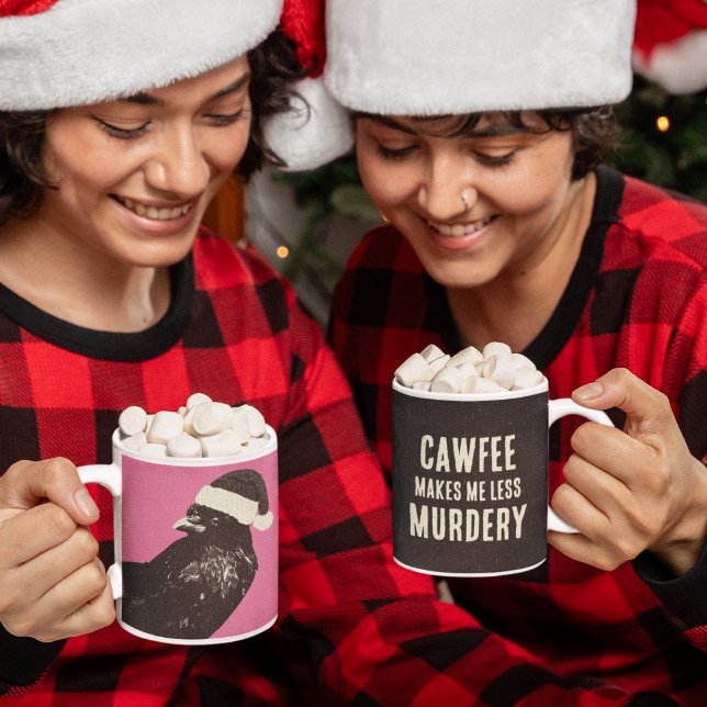 Mug Crow Père Noël Craie de Noël Moins de meurtre (Pink and black retro crow Christmas mug is double-sided with a funny quote on the back.)