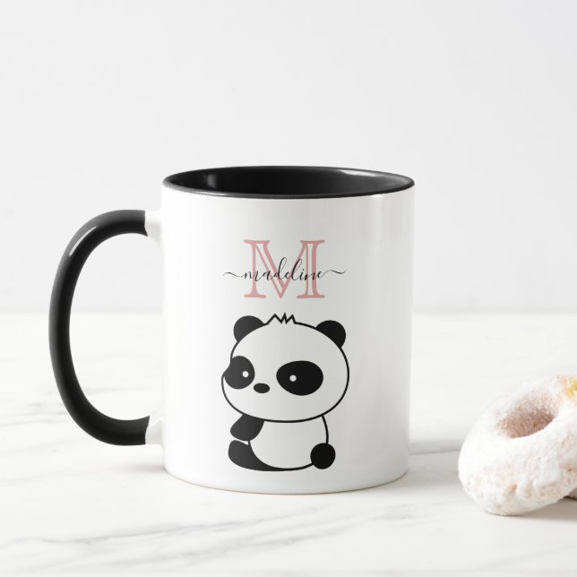 Mug Cuisine Blanc Noir Panda Moderne Rose Monogramme M (Avec donut)