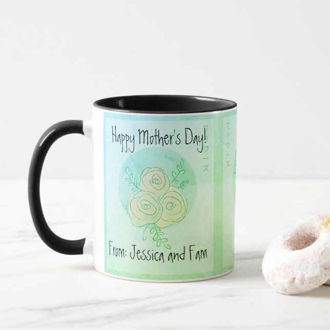 Mug Custom Happy Mother's Day ligne art vert roses (Avec donut)