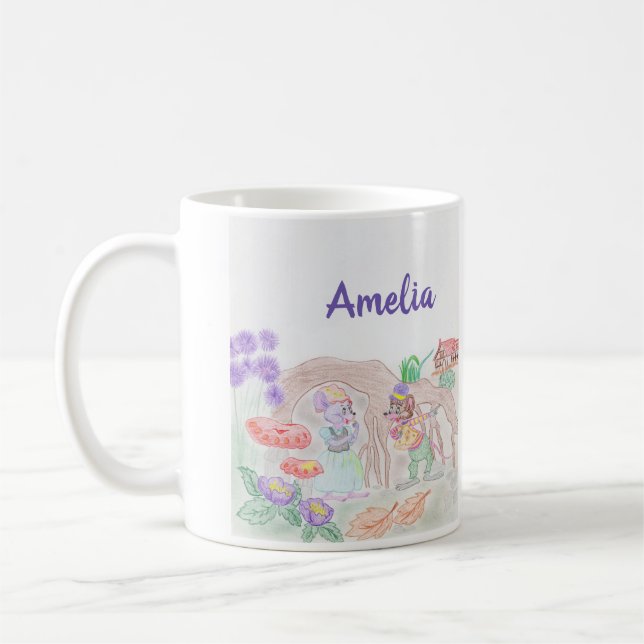 Mug Custom Kids Artwork, deux mignonnes souris, fleurs (Gauche)