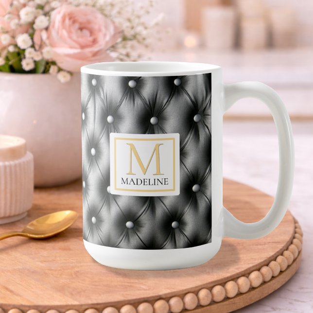 Mug Custom Modern Black Leather Name Initial (Créateur téléchargé)