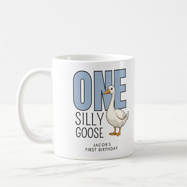 Mug Custom Modern Blue One Silly Goose First Birthday (Gauche)