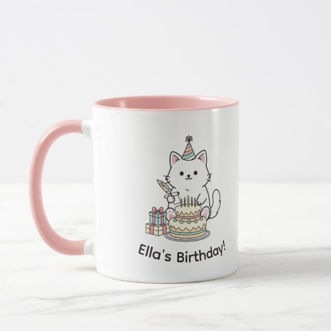 Mug "Customizable" Playful Cat Birthday Cake & Gifts (Gauche)