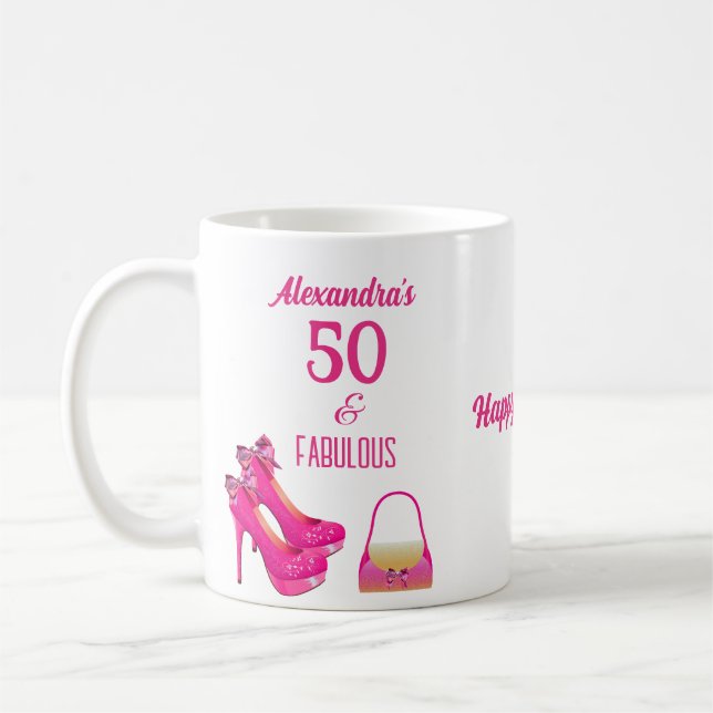 Mug Cute 50th Birthday Hot rose High Heels Nom Cadeau (Gauche)