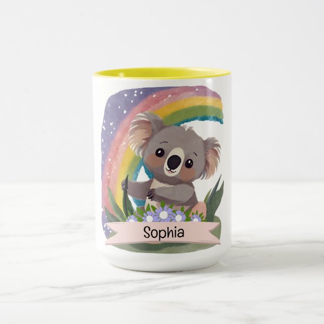 Mug Cute Baby Koala Rainbow Nom personnalisé (Centre)