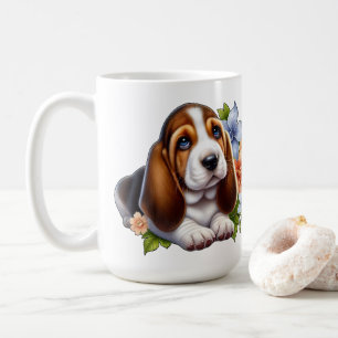 Mug Cute Basset Hound Chiot assis avec des fleurs