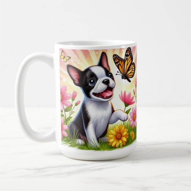 Mug Cute Boston Terrier Chiot Jouant Avec Papillon (Gauche)