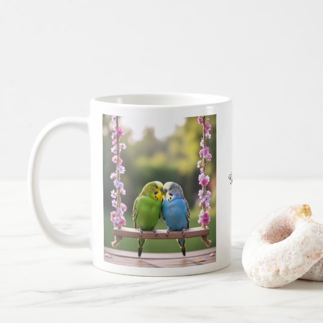Mug Cute Budgie Couple Snuggling Customized Name (Avec donut)