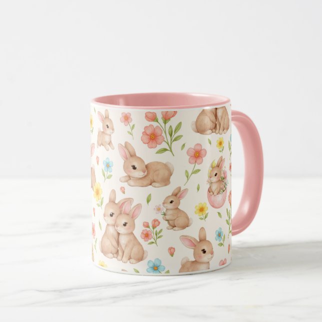 Mug Cute Bunnies and Flowers Pattern (Devant droit)