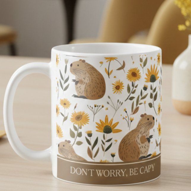 Mug Cute Capybara Inspirational  (cute capybara sunflowers inspirational mug, don't worry be happy, cozy gift for coffee drinkers)