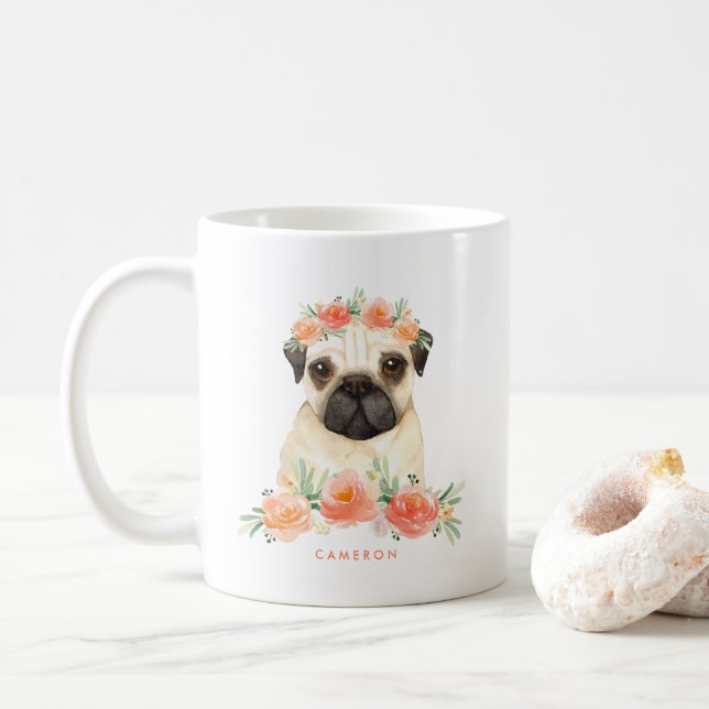 Mug Cute Carlin Aquarelle Pêche Floral Personnalisé (Avec donut)