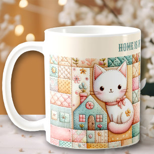 Mug Cute Cat Quilt Patchwork Pastel Nom personnalisé