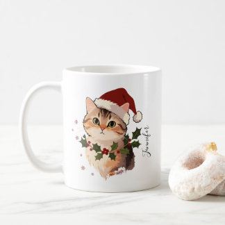 Mug Cute Cat with Christmas hat Personalized Name