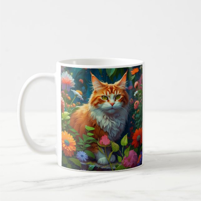 Mug Cute Chat orange et blanc assis en Fleurs (Gauche)