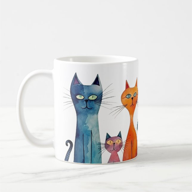 Mug Cute Chats Aquarelle Bleu Orange Vert Whimsical (Gauche)