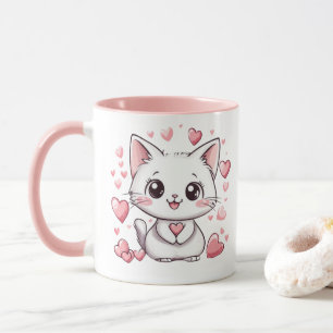Mug Cute Chibi Chat avec Coeur Rose Adorable Kawaii