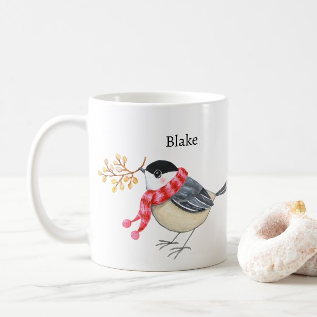 Mug Cute Chickadee with Scarf Bringing Gift Custom (Avec donut)