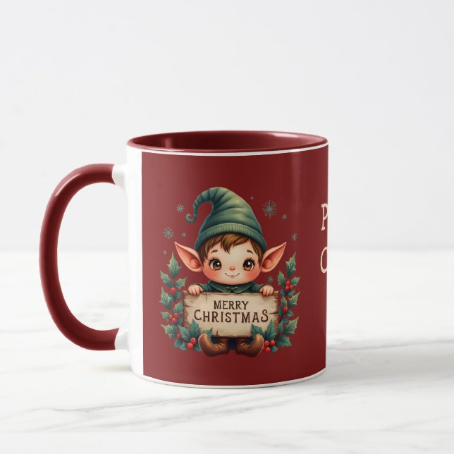Mug Cute Christmas Elf Holding Merry Sign Red (Gauche)