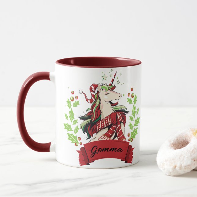Mug Cute Christmas Unicorn Nom personnalisé (Avec donut)