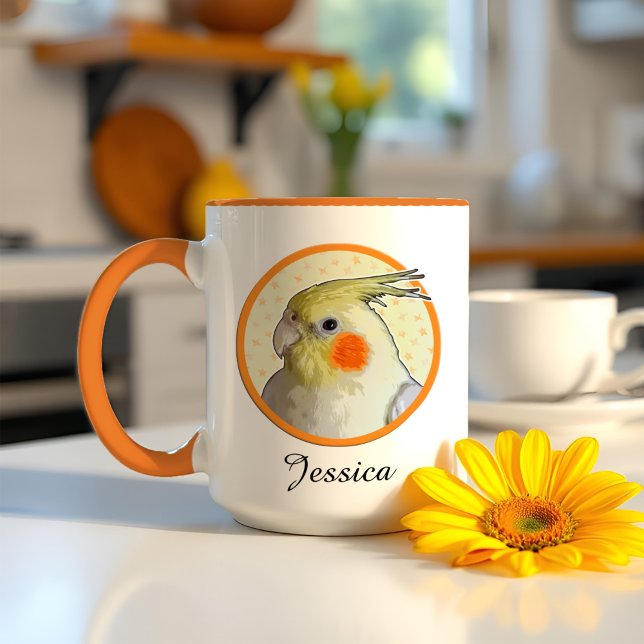 Mug Cute Cockatiel Animaux Animaux Amusants Portrait d (Personalized Cockatiel mug with a cheerful pet bird portrait, framed proudly inside a pop of orange.)