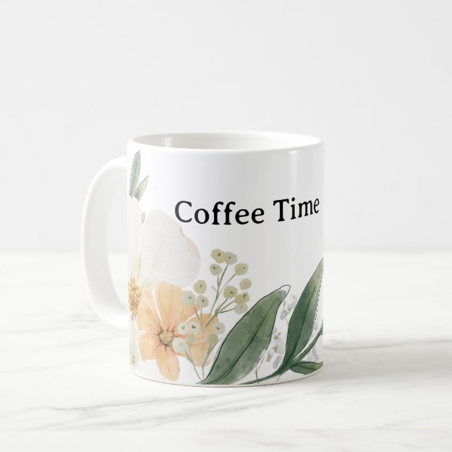 Mug Cute CoffeeTime Teacup. Modern Minimalist Floral (Devant gauche)