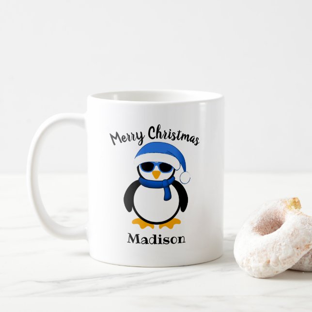 Mug Cute cool penguin Christmas winter Personalized (Avec donut)