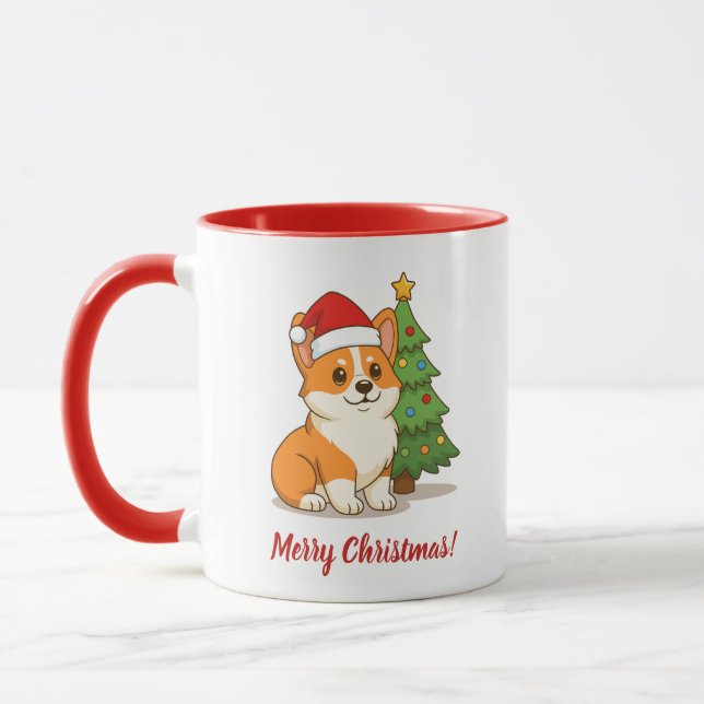 Mug Cute Corgi Dog in a Red Hat with Christmas Tree (Gauche)