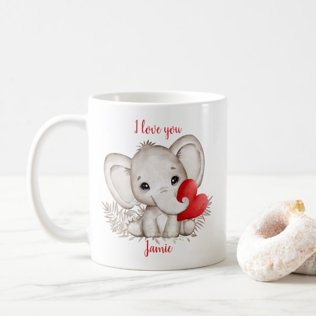 Mug Cute Elephant Coeur Valentine amour Personnalisé (Avec donut)