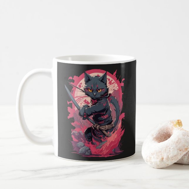 Mug Cute Fire Splash Noir Ninja Chat Guerrier (Avec donut)