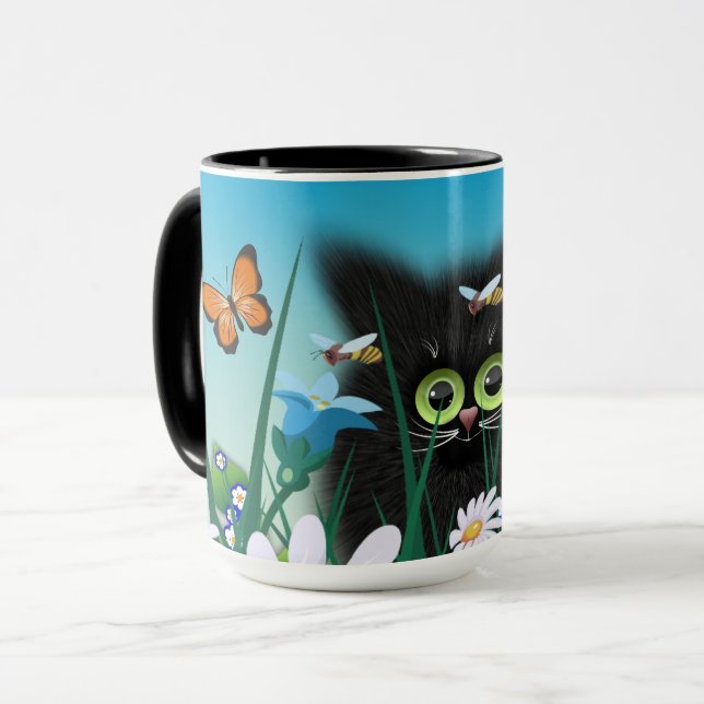 Mug Cute Fluffy Black Kitten et Daisy Art (Devant gauche)
