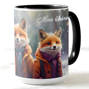 Mug Cute Foxes De Noël Dans Une Forêt Neige