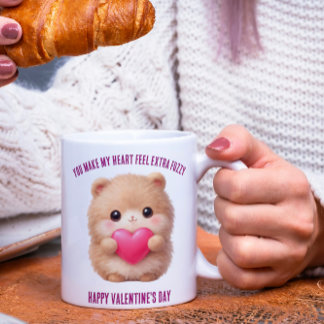 Mug Cute Fuzzy Valentine Character Holding Heart 