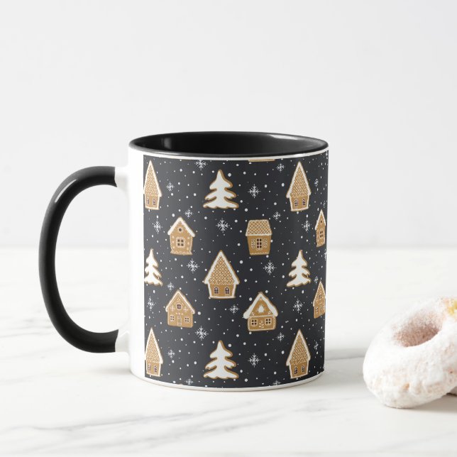 Mug Cute Gingerbread Village Fir Trees Bleu Noël (Avec donut)