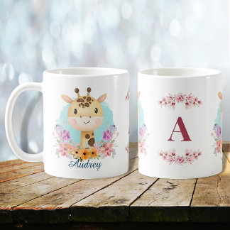 Mug Cute Giraffe Floral Thème Monogramme Personnalisé