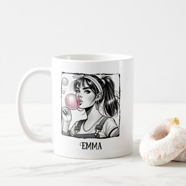 Mug Cute Girl & Bubble, Comic Black & White, Fun Custo (Avec donut)