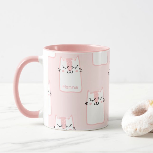 Mug Cute Girly Pink and White Cat Motif personnalisé (Avec donut)