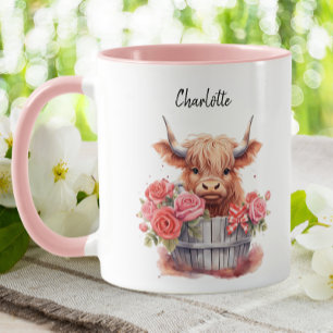 Mug Cute Highland Vache rose Floral Aquarelle personna