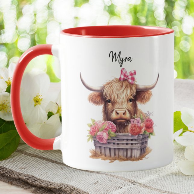 Mug Cute Highland Vache rose Floral Aquarelle Valentin (Créateur téléchargé)