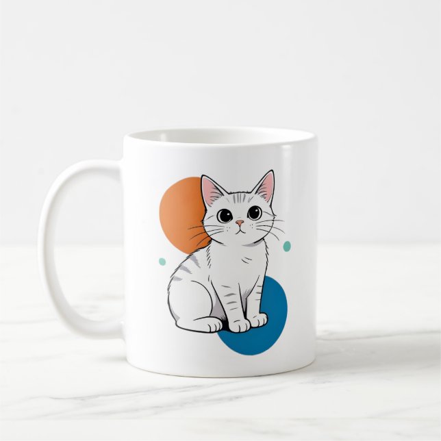 Mug Cute Kawai White Grey Tabby Cat Illustration (Gauche)