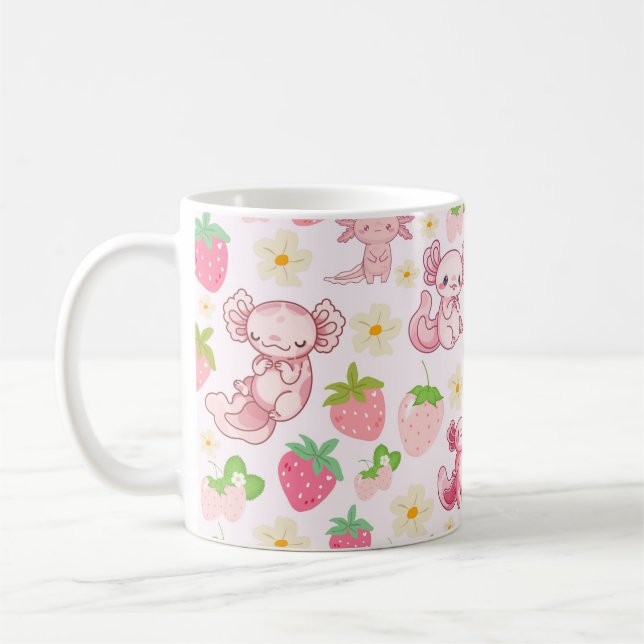Mug Cute Kawaii Axolotl & Strawberry Seamless Pattern (Gauche)