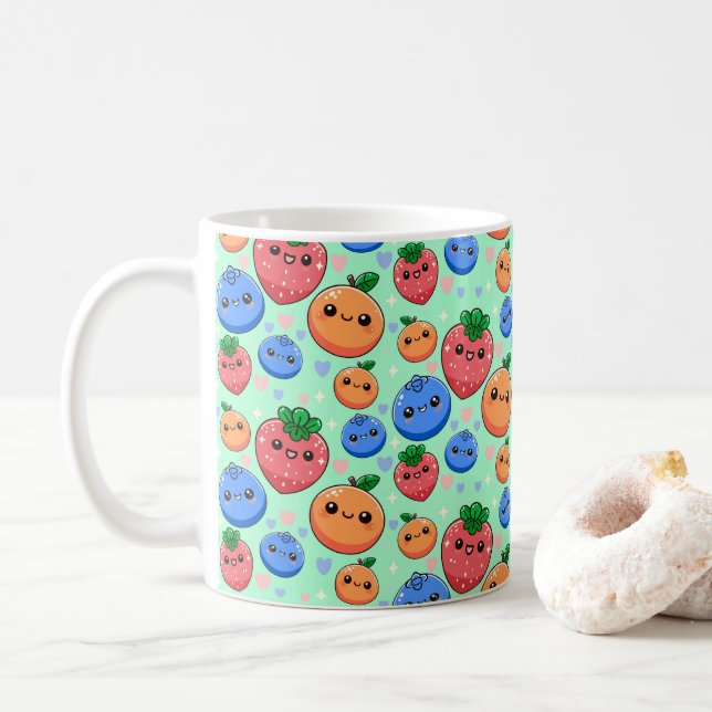 Mug Cute Kawaii Green Orange Blue Fruit (Avec donut)