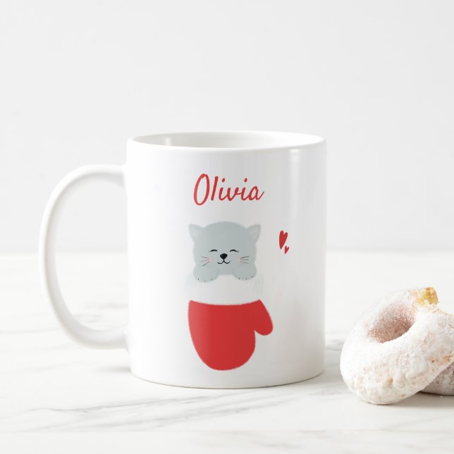 Mug Cute Kitten dans un Mitten - Filles personnalisées (Avec donut)