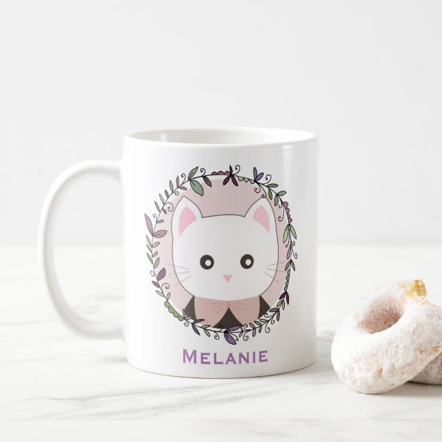 Mug Cute Kitten encadré de fleurs Personnalisé (Avec donut)