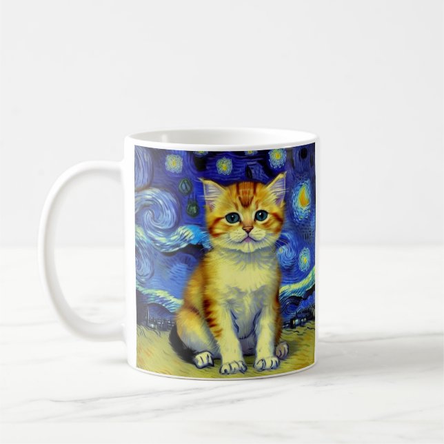 Mug Cute Kitten Starry Night Van Gogh (Gauche)